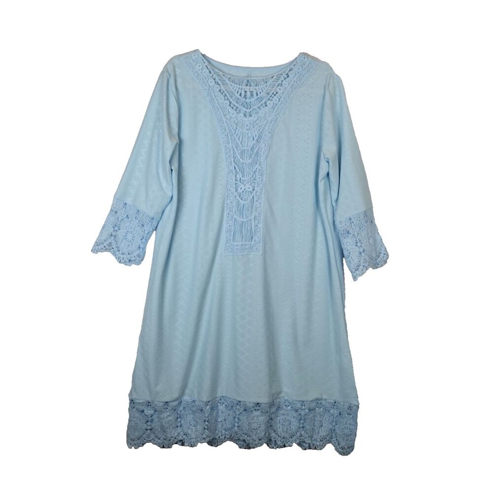 Swimsuit Cover Up Women Plus 1XL Blue Lace Crochet 3/4 Sleeves Resort Wear Beach